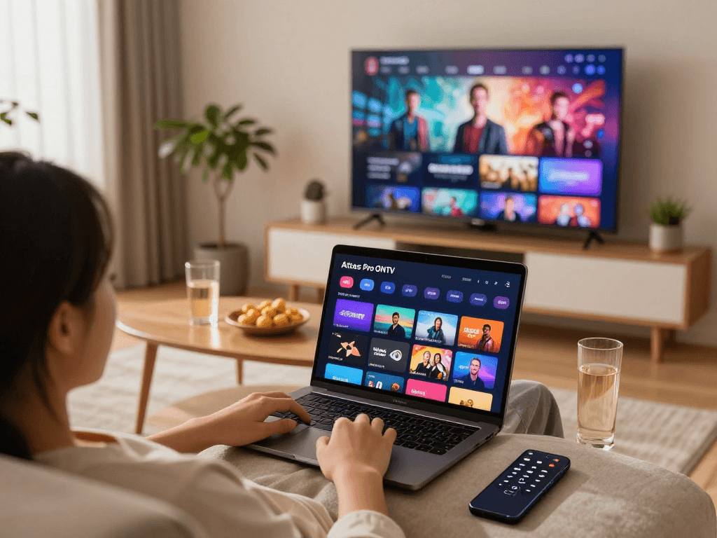 Un utilisateur d'Atlas pro ontv profitant de films en HD depuis son salon confortable.