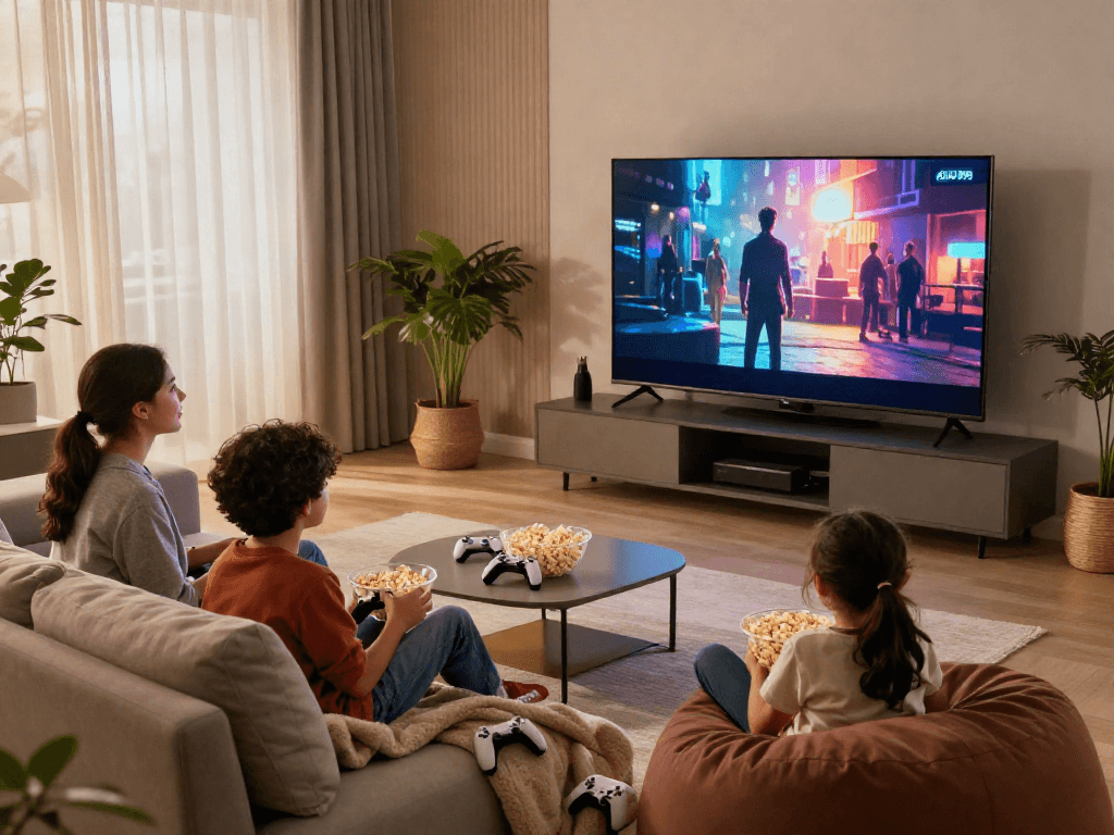 Family enjoying movie night on Iron TV Pro in cozy living room.