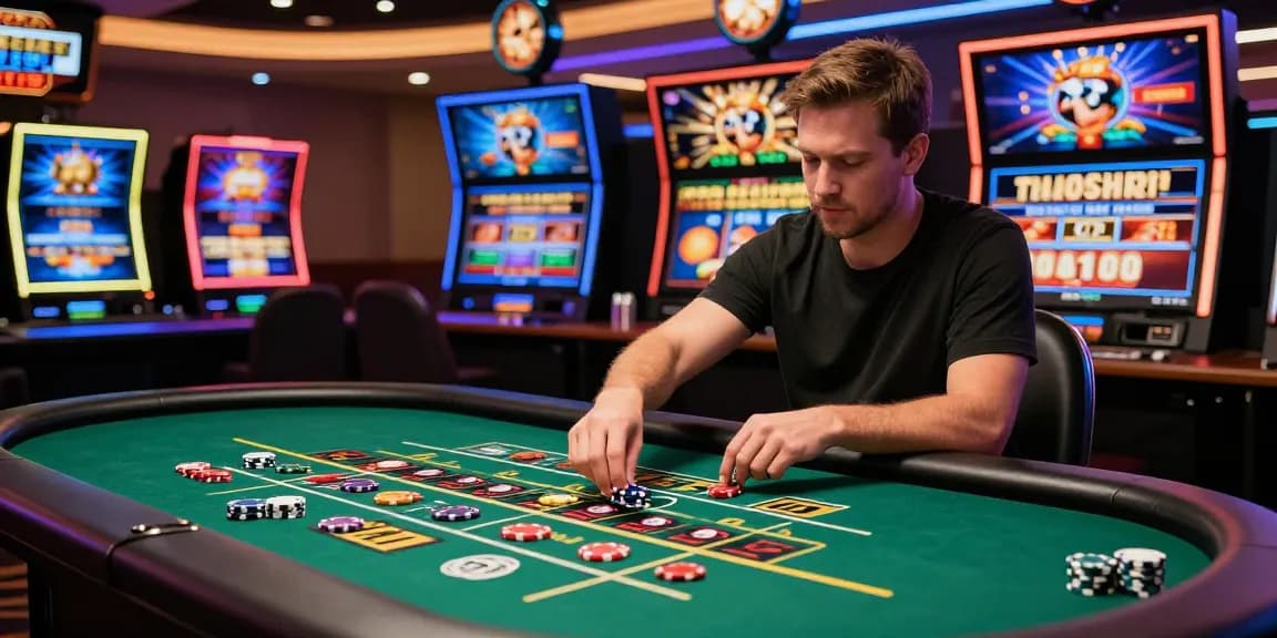 Expérience de casino en ligne France avec joueur à la roulette, ambiance colorée et numérique.