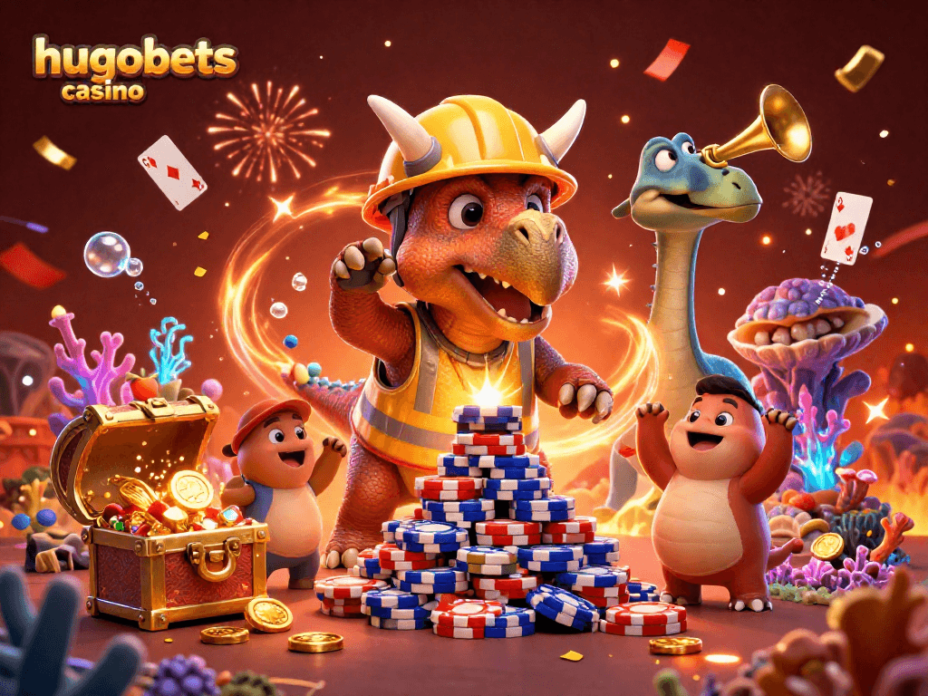 Experience excitement at hugobets casino with a vibrant celebration of poker chips and festive creatures!