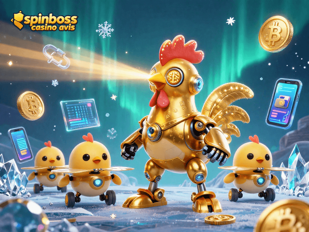 Analyser les avis sur SpinBoss casino avec un robot doré et des pièces cryptographiques dynamiques.