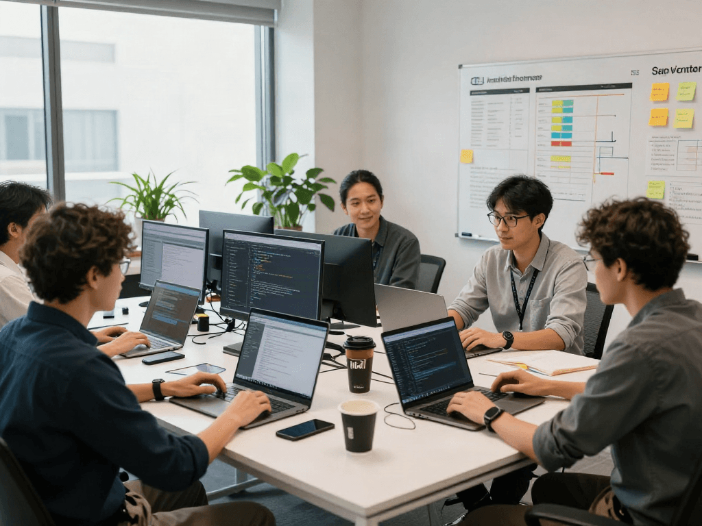 Scène dynamique de collaboration au bureau avec Atlas pro, développeurs travaillant ensemble sur des ordinateurs, ambiance lumineuse et moderne.