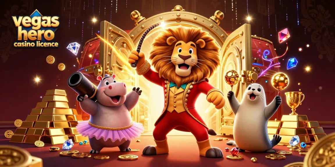 Évaluez la licence Vegas Hero Casino avec des personnages animés en action.