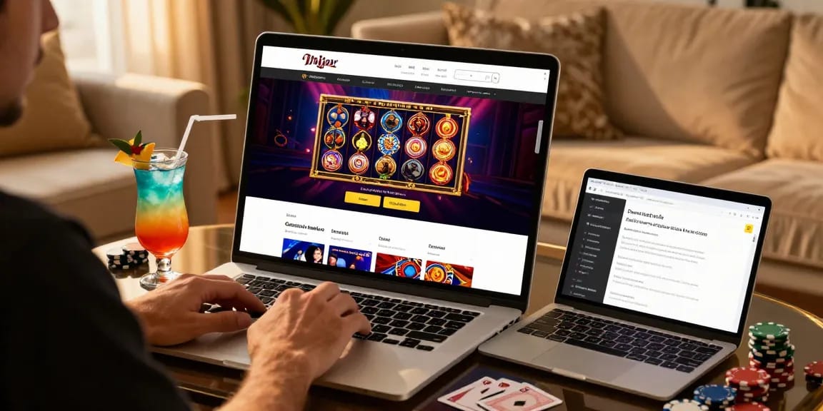 Interface du casino en ligne français montrant des jeux de machines à sous et de tables avec une ambiance élégante.