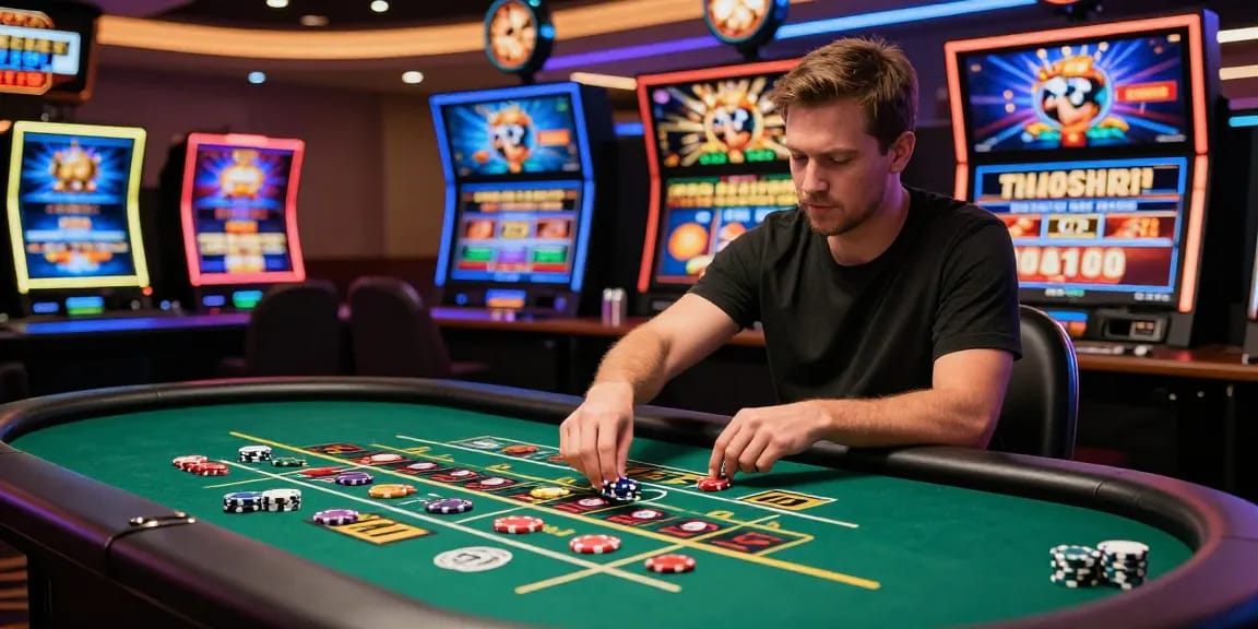 Expérience de casino en ligne France avec joueur à la roulette, ambiance colorée et numérique.