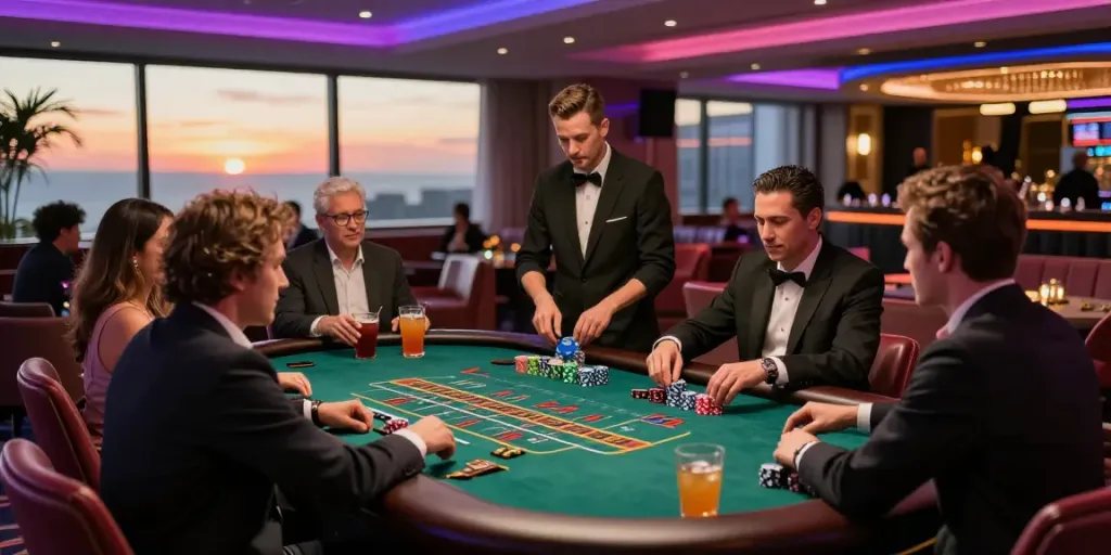Joueurs profitant d'une expérience de Casino En Ligne dans un casino terrestre élégamment décoré.