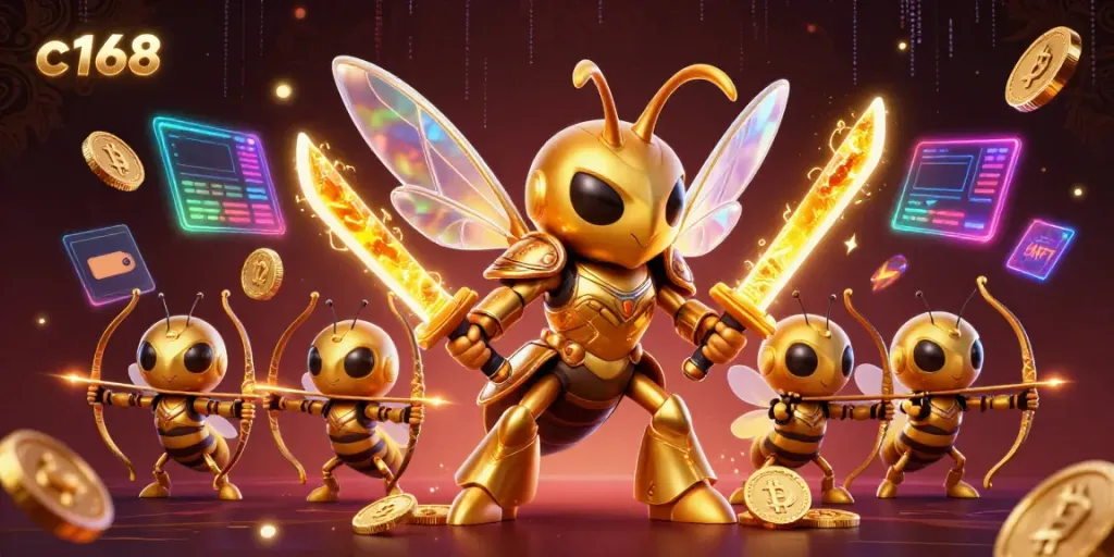 Engage in thrilling games at c168 with vibrant 3D casino-themed illustration featuring golden samurai hornet.