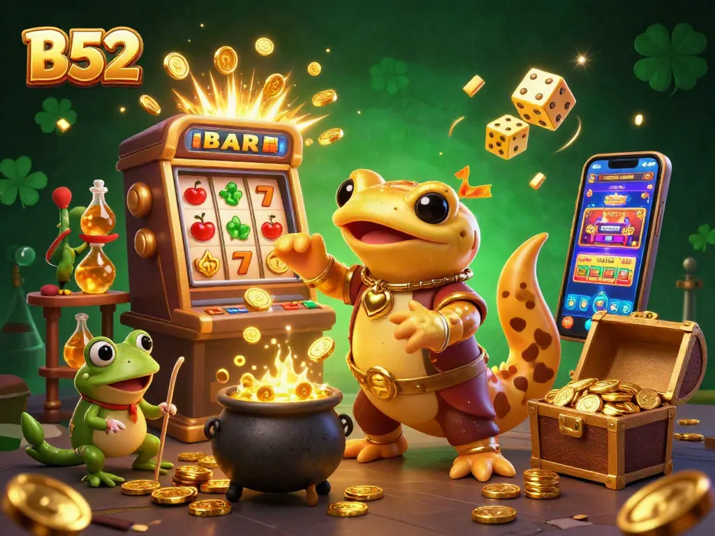 B52 jackpot scene with a golden salamander alchemist, vibrant slot machine, and festive gold coins.