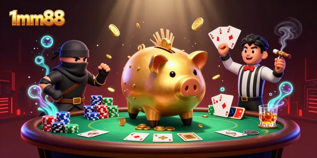 Experience thrilling gameplay with 1mm88 at the vibrant poker scene featuring dynamic characters.