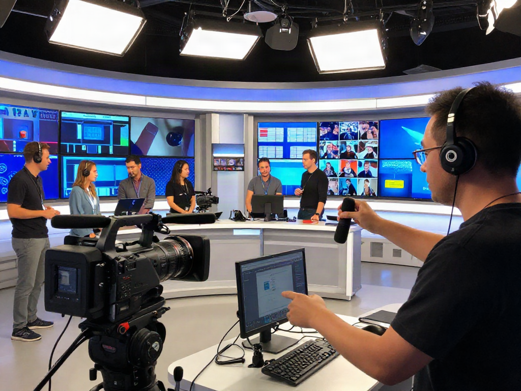 Technicien ajustant l'éclairage dans un studio de production de télévision Iron tv pro pendant un tournage en direct.