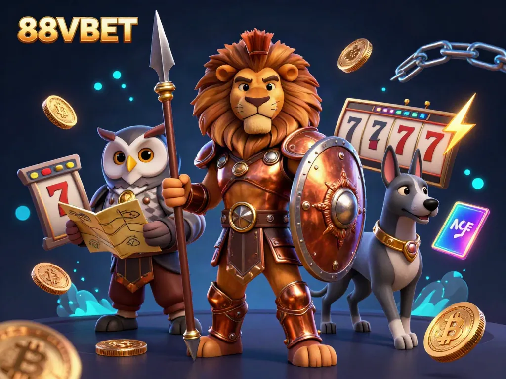 Engage in thrilling games at 88VBET, illustrated with a Spartan lion and vibrant gambling elements.