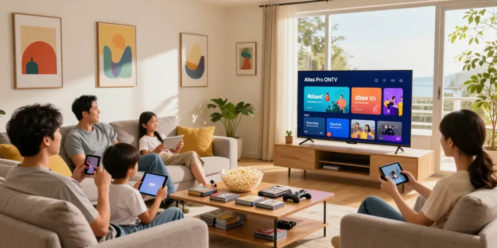 Famille utilisant l'application Atlas Pro dans un salon accueillant avec une télévision intelligente.