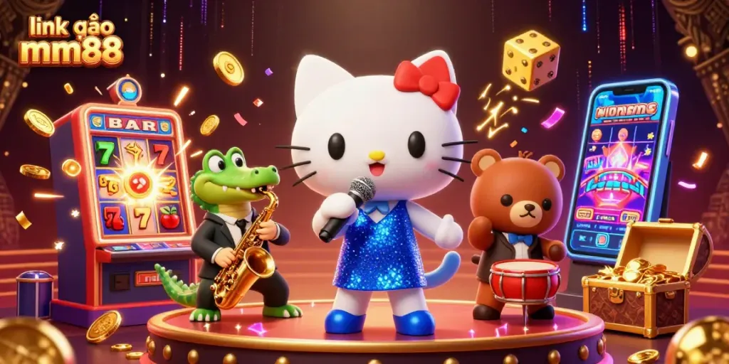 Engage with link vào mm88 at an electrifying casino scene with colorful characters and vibrant effects.