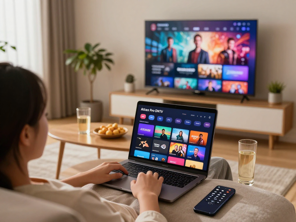 Un utilisateur d'Atlas pro ontv profitant de films en HD depuis son salon confortable.