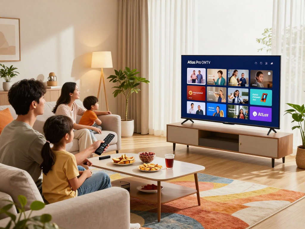 Profitez des chaînes en direct avec Atlas Pro ONTV dans un salon moderne avec une famille réunie