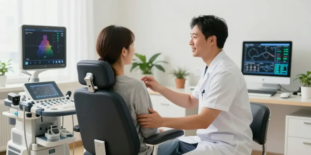 Professionnel de santé utilisant une chaise ergonomique pour échographie en cabinet médical avec équipements médicaux modernes.