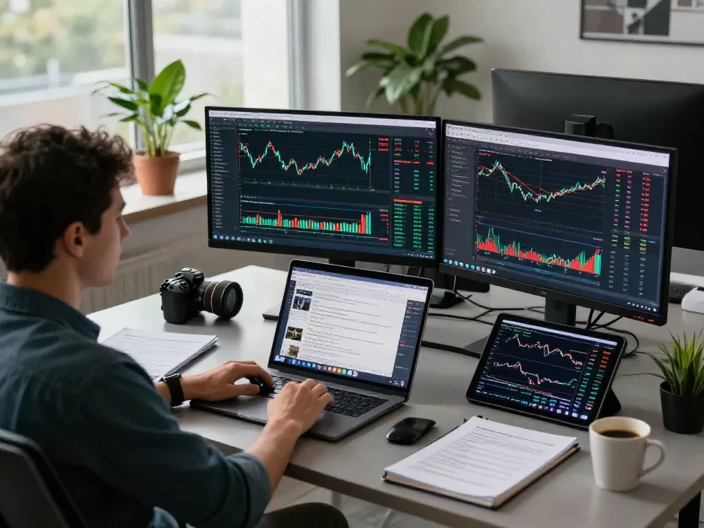 Trading dans un environnement moderne avec la-essorinvexaro.com affichant des données et graphiques analytiques sur plusieurs écrans.