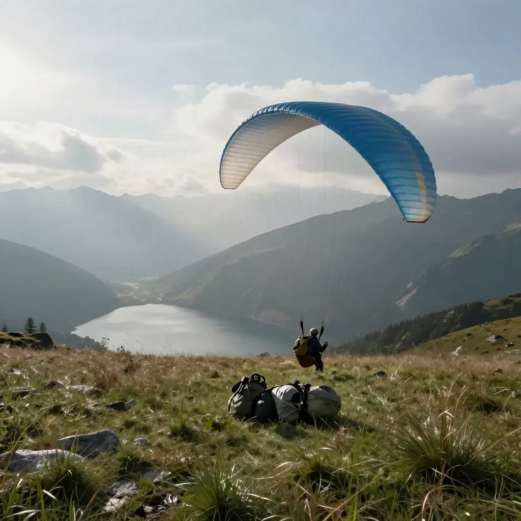 Parapente biplace bleu pâle se gonflant sur prairie alpine humide, casques et sacs au premier plan.