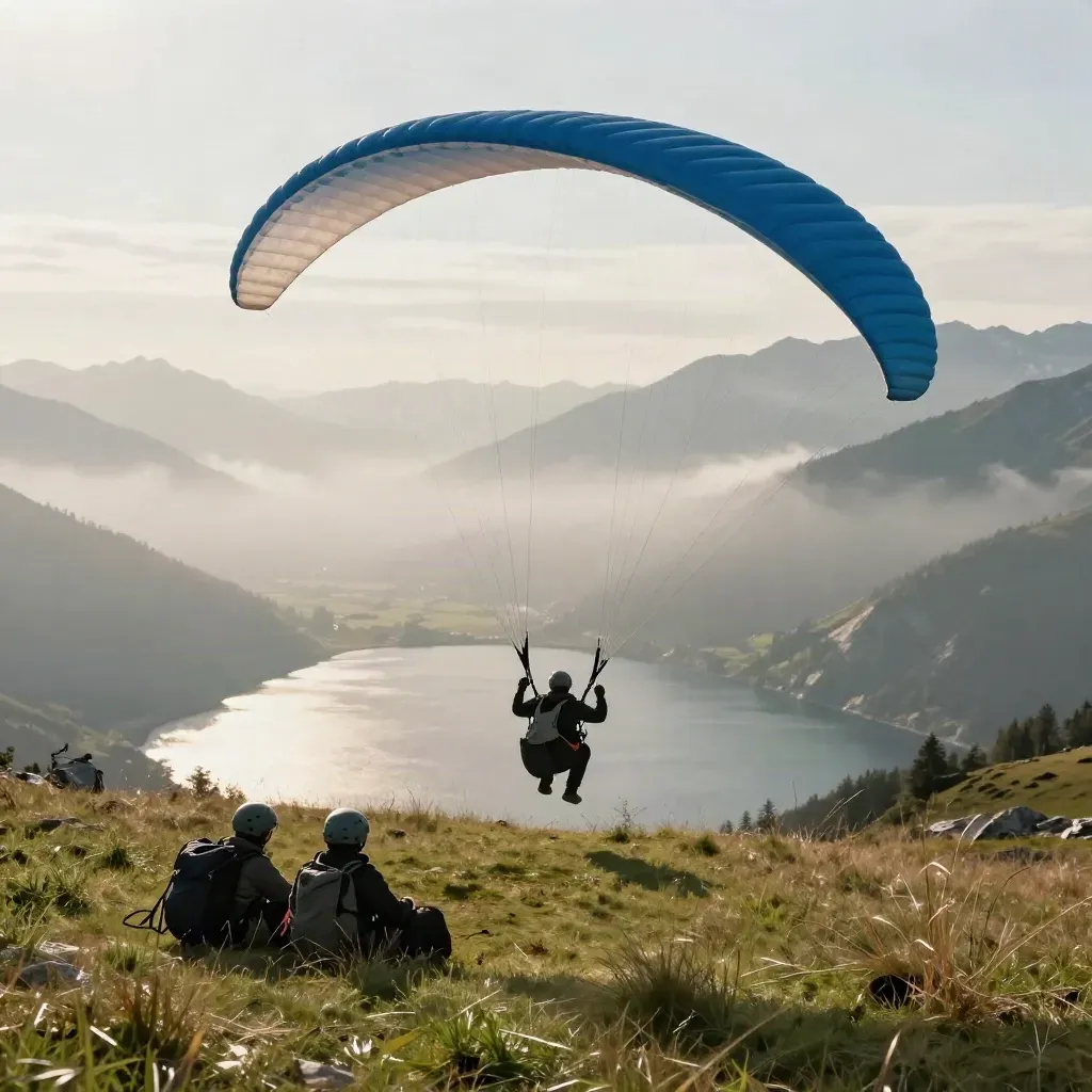 Voile de parapente tendue au décollage, casques et sacs près d’un lac alpin.