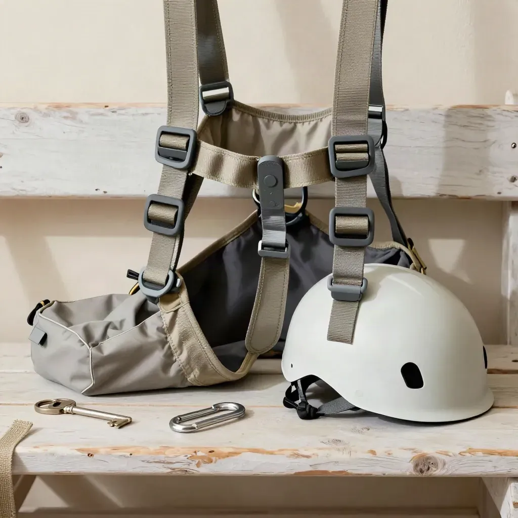 Sellette de location, casque et mousqueton sur un banc de bois clair, ambiance atelier.