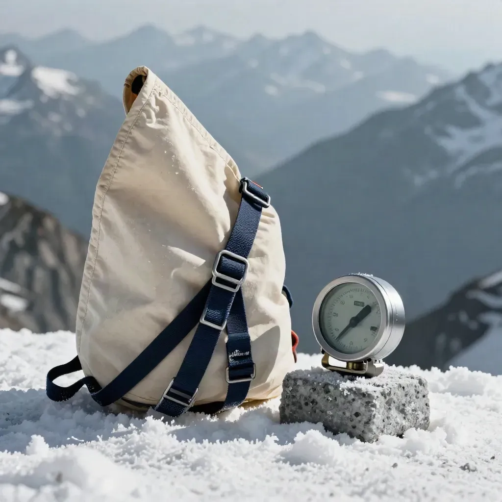 Gros plan d’un poste de coaching à Chamonix avec manche à air, harnais, altimètre et bloc glaciaire.