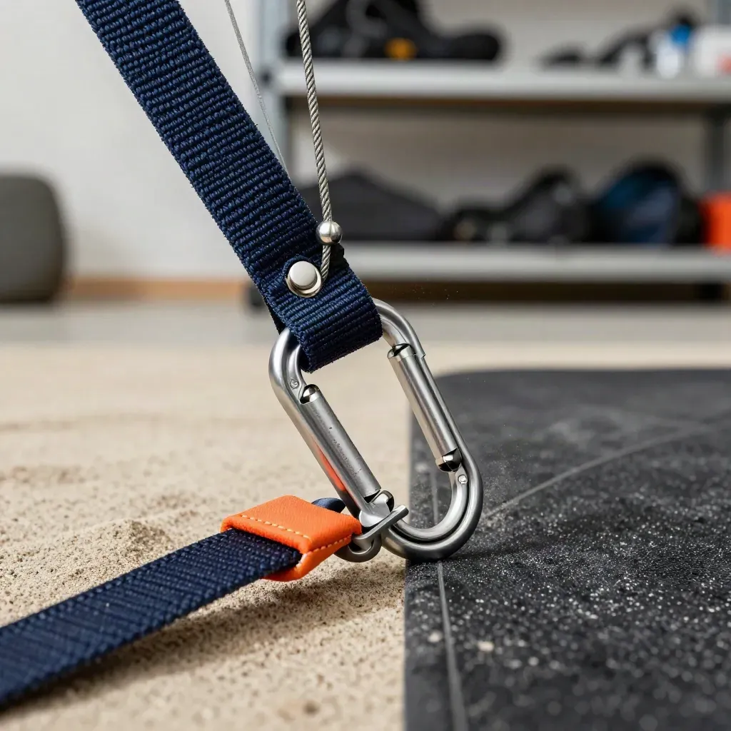 Élévateurs de biplace, mousquetons verrouillés et poignée de secours sur tapis de maintenance.