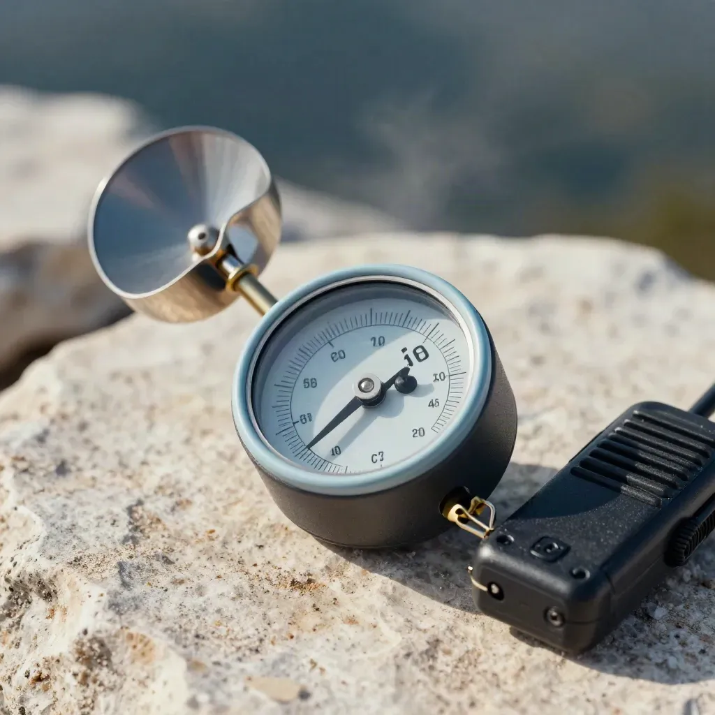 Variomètre, tête d’anémomètre et radio de terrain sur pierre claire, lumière froide.