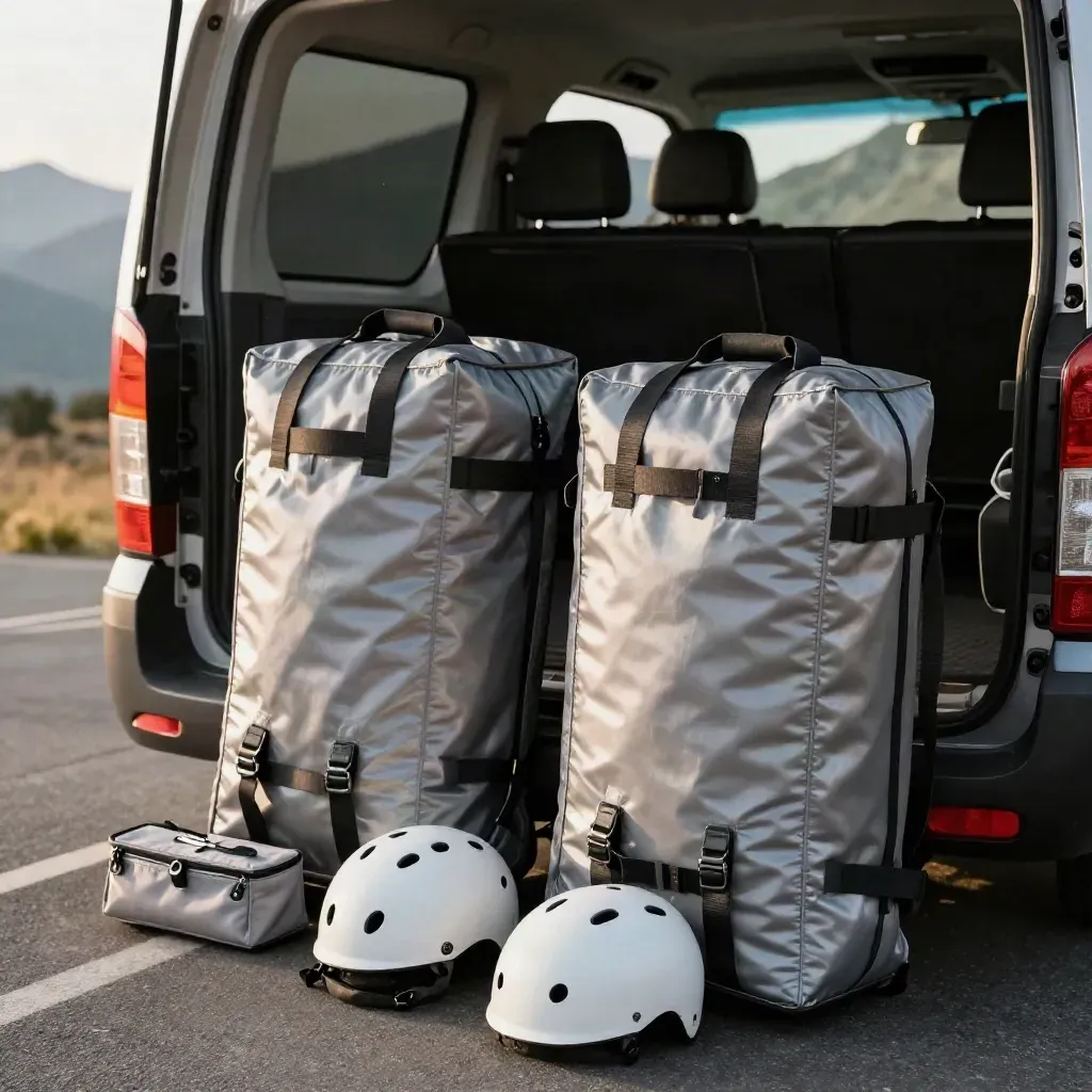 Deux sacs d’aile, deux casques et un kit de portage prêts dans un fourgon au départ.
