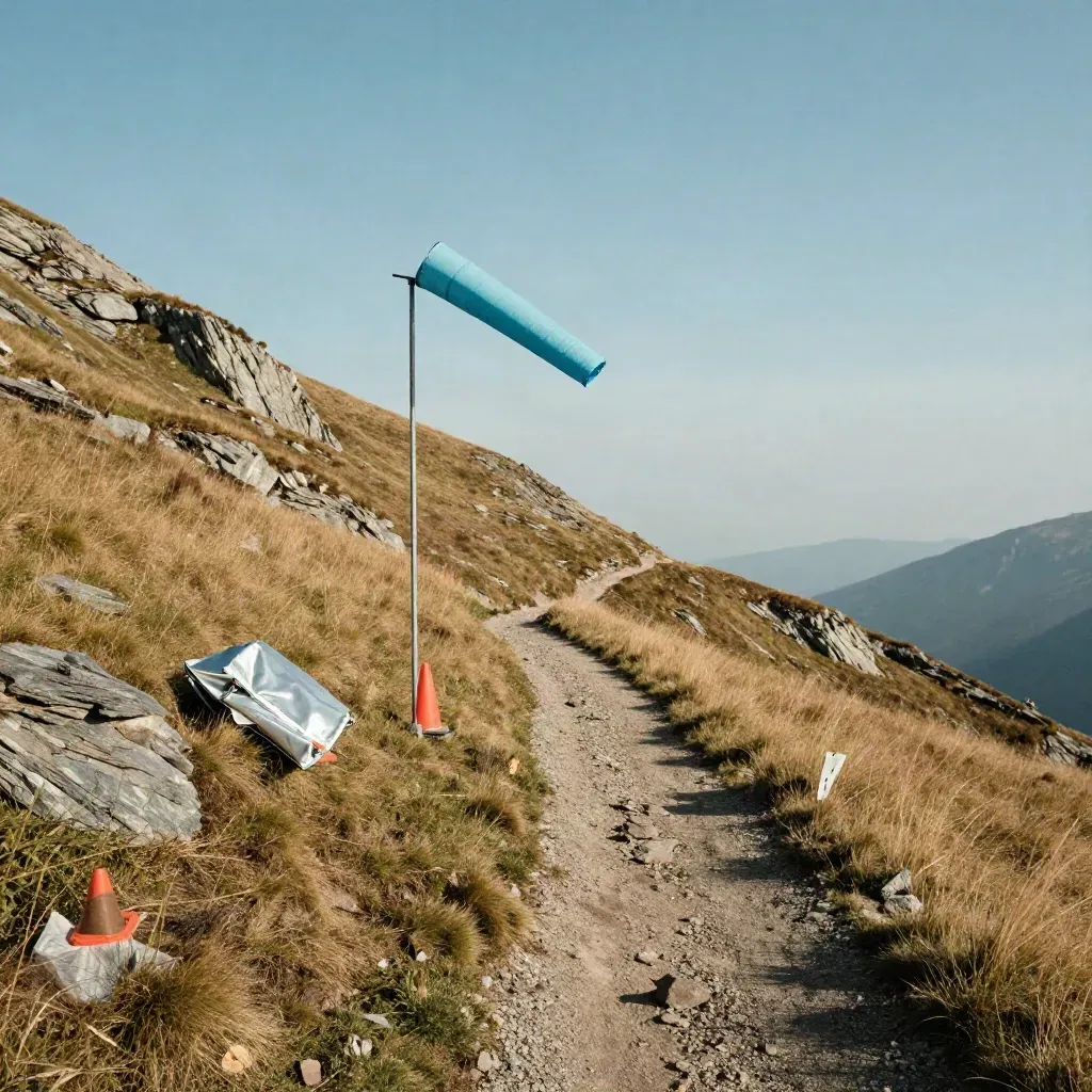 Site de décollage alpin prêt, manche à air bleue, cônes discrets et sentier vide.