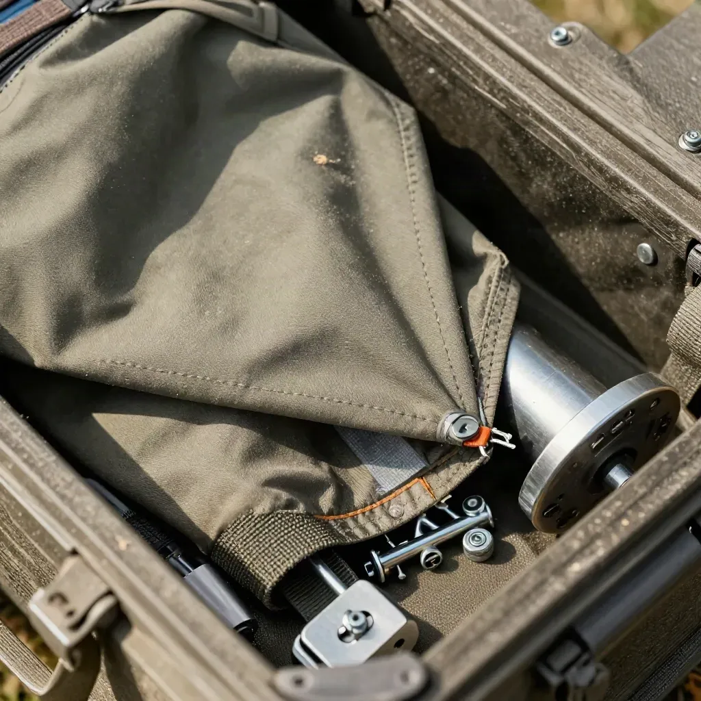 Fanion de terrain, base de mât, sangle réfléchissante et fixations sur une caisse de matériel.