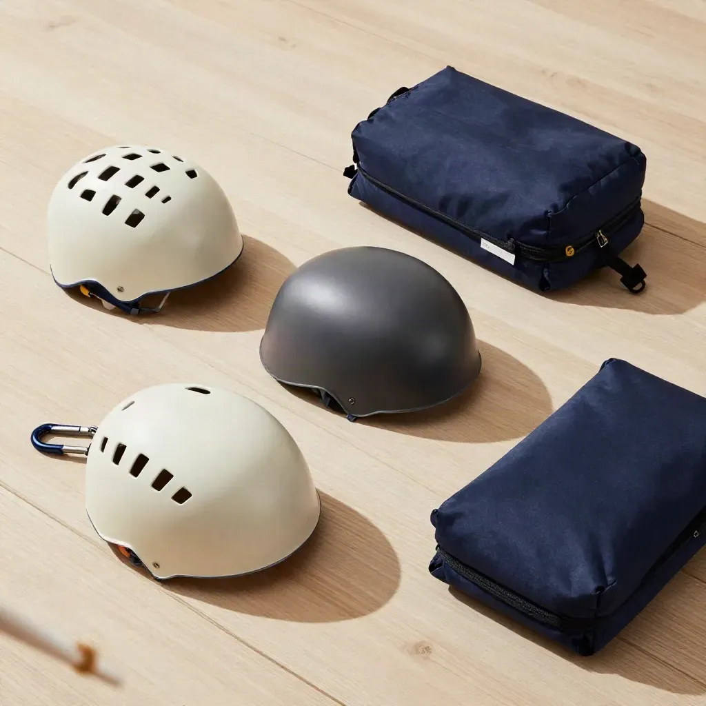 Trois casques, un mousqueton et un sac d’aile sur bois clair, en vue de choix.