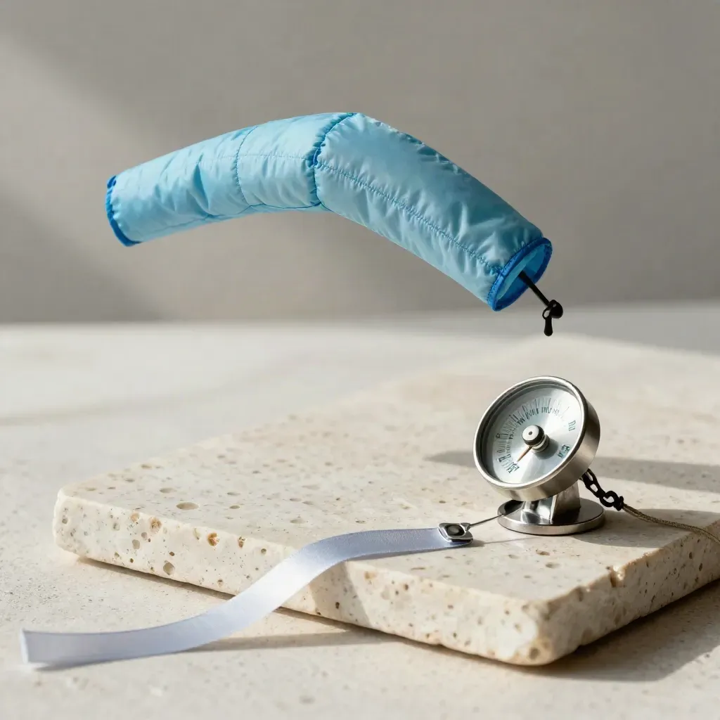 Mini manche à air, rubans et anémomètre sur travertin, éclairés par une lumière douce.