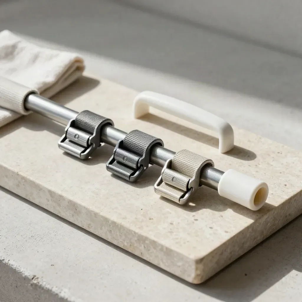 Barre d’écartement biplace et sangles sur pierre claire, lumière froide de montagne.