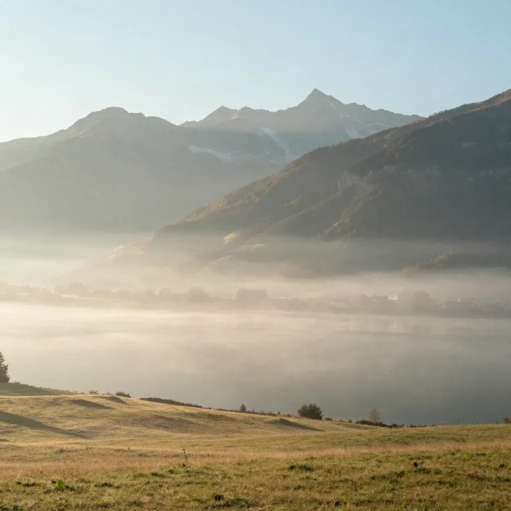 Vue brumeuse du bassin d’Annecy au matin, Semnoz et Aravis au loin, lac et vallées en lumière douce.