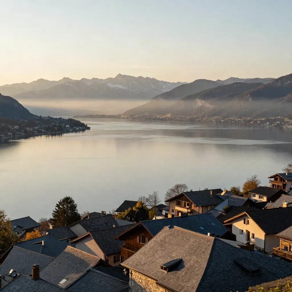 Vue dorée du lac du Bourget avec la Dent du Chat et des toits de Savoie au crépuscule.