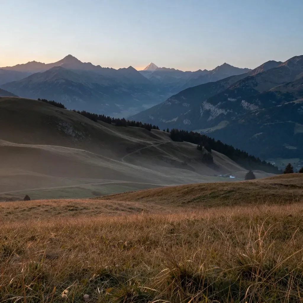Les monts du Jura au-dessus du Pays de Gex avec le Mont Blanc dans la brume du soir.