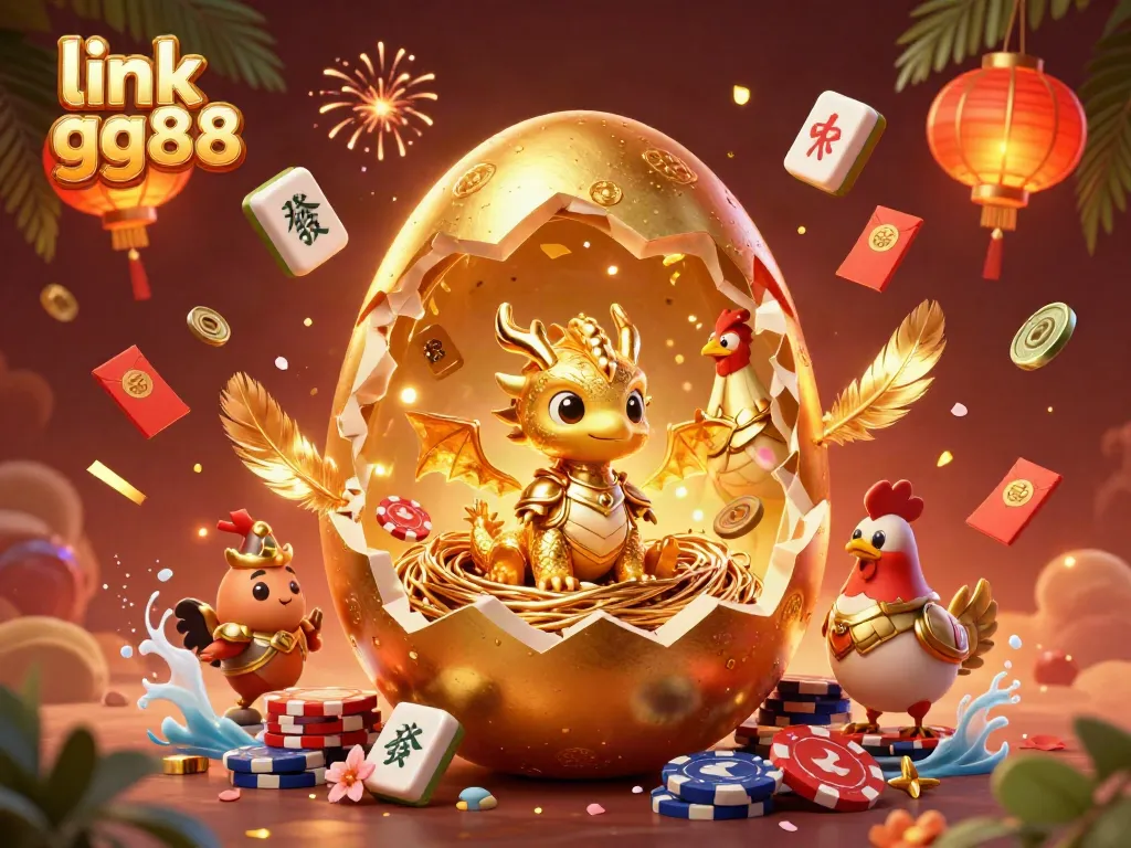 Engage with the vibrant world of gaming at link gg88, featuring a golden egg and dragon amid festive platforms and elements.