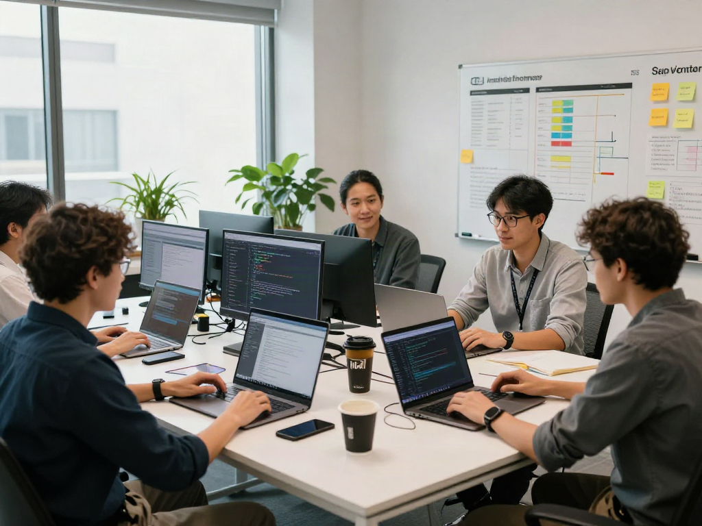 Scène dynamique de collaboration au bureau avec Atlas pro, développeurs travaillant ensemble sur des ordinateurs, ambiance lumineuse et moderne.