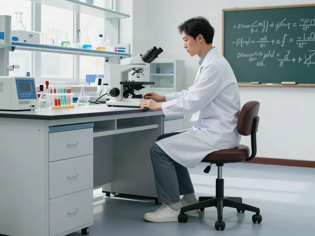 Tabouret de laboratoire réglable avec roulettes utilisé par un chercheur dans un environnement de laboratoire moderne.