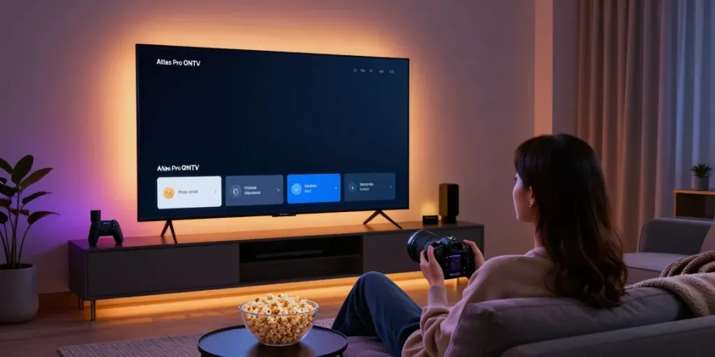 Un utilisateur profitant de l'application Atlas Pro ONTV dans un cadre de cinéma à domicile confortable