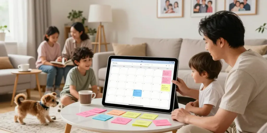Un agenda partagé famille gratuit utilisé par une famille réunie dans un salon accueillant.