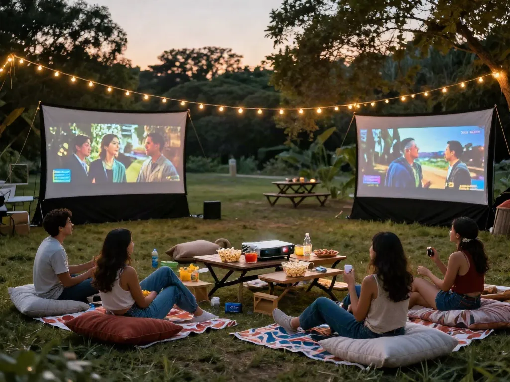 Soirée d'été avec des amis regardant un film en plein air, utilisant Atlas pro ontv pour le divertissement.