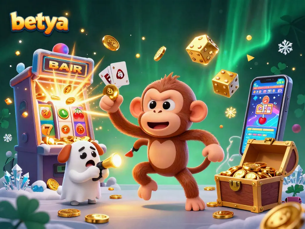 Experience the thrill of the betya casino with an exciting scene of a playful poltergeist monkey and ghost-hunter puppy amidst vibrant gaming elements.