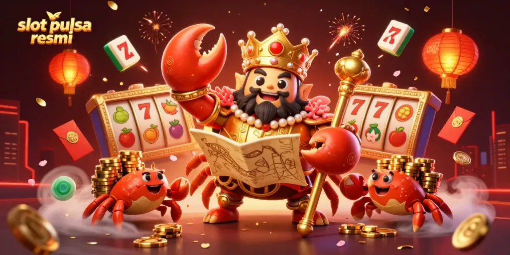 Spin winning reels at slot pulsa resmi with our golden crab emperor and festive casino elements.