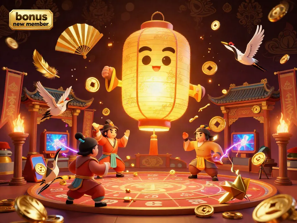Colorful scene depicting the bonus new member promotion highlights in a vibrant casino setting with unique Asian-themed characters.