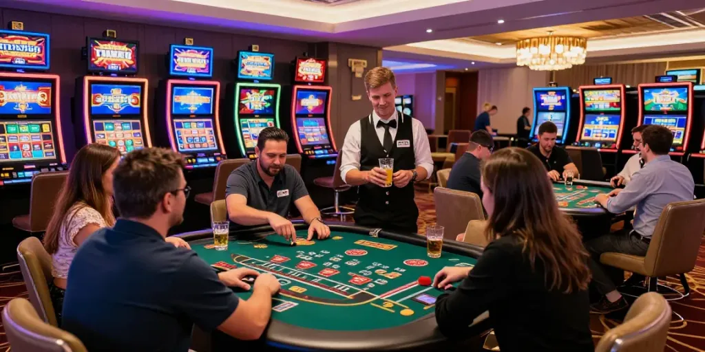 Scène de casino dynamique sur https://studiobarw.com/ avec des joueurs profitant de jeux de table et de machines à sous sous des lumières colorées.